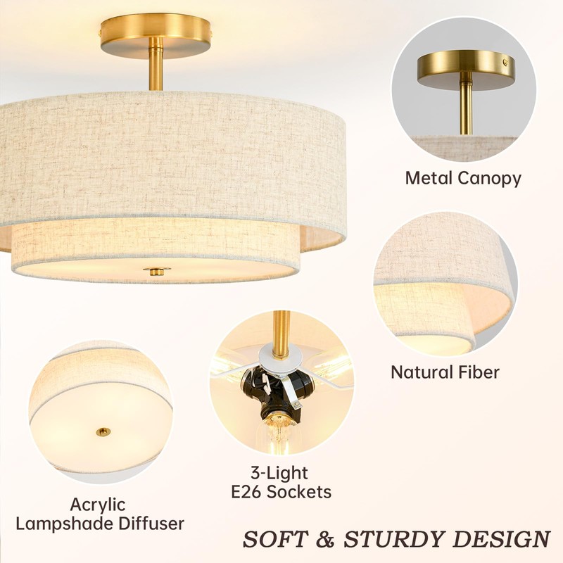 16" Semi Flush Mount Ceiling Light, 3-Light Gold Drum Ceiling