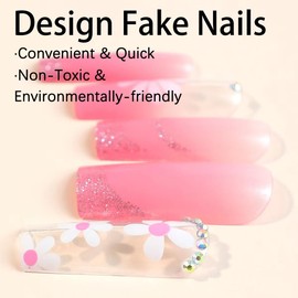 Magrace Long Square Press on Nails Fake Nails with Designs 24 Pcs Square False Stick on Nails for Women (A-8)