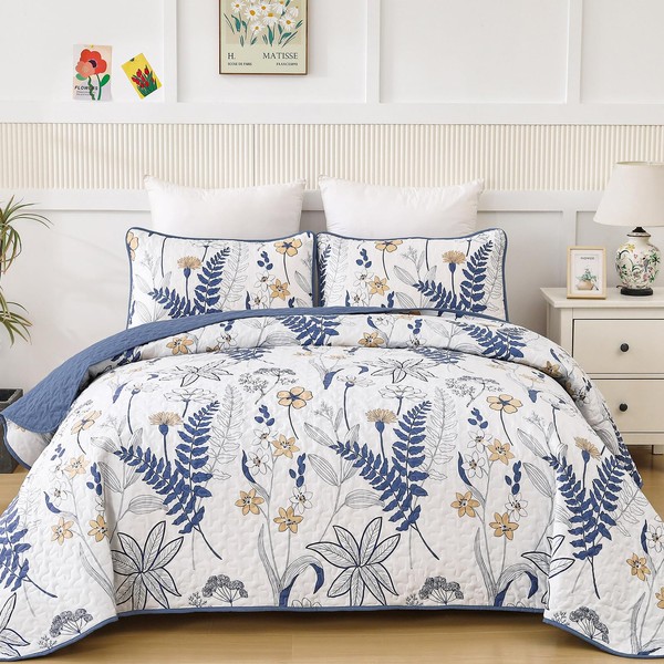 Anibedding Floral Quilt Set King,3 Pieces Blue Flower Pattern Bedspread