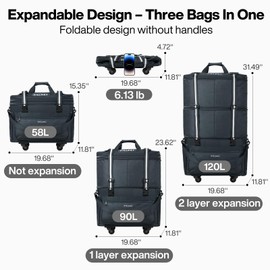 mixi Travel Bag with Wheels Expandable Foldable Luggage Bag Collapsible Rolling Travel Bag Duffel Bag Large Capacity Suitcase for Men Women, Dark Gray