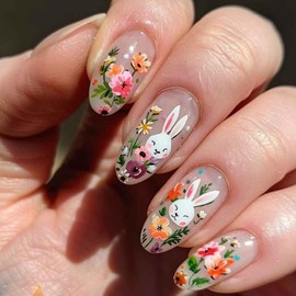 Easter Press on Nails Tip Bunny Fake Nails Medium Almond Stick White Glossy Full Cover False Nails Colorful Cute Flower Acrylic Nails Reusable Artificial Short Length Glue on Nails for Women
