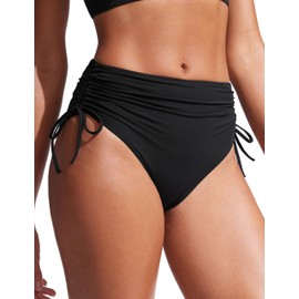 CRZ YOGA Womens High Waisted Bikini Bottoms Adjustable Ruched Side Tie Bathing Swim Full Coverage Swimsuit Briefs Black X-Small