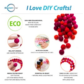 Glaciart One Felt Wool Balls, Felt Pom Poms (40 Pieces) 2.5 Centimeters - 1 Inch, Handmade Felted Red Colors - Bulk Small Puff for Felting and Garland
