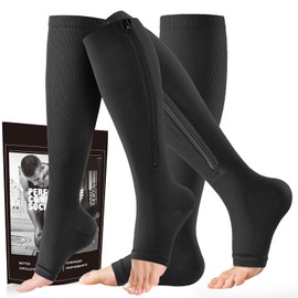 Cerpite - Calcetines de compresión con cierre, 2 pares de medias de compresión con punta abierta para hombres y mujeres, 15-20 mmHg, Negro - Calcetines de compresión, S-M