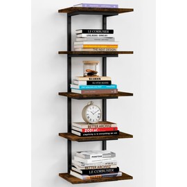 Harwaya 5 Tier Wall Bookshelf Unit for Bedroom Books, Large Floating Book Shelves Wall Mounted, Rustic Wood Lack Tiered Hanging Shelf for Kitchen Office Living Room Corner (Dark Brown)