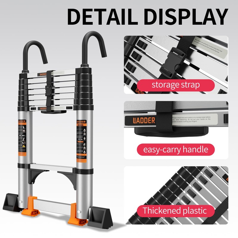 Telescoping Ladder,Aluminum with Stable Hook and stabilizer barand,12.5FT Lightweight Multi-Purpose