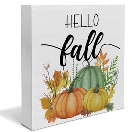 Fall Pumpkin Decor, Hello Fall Sign, Autumn Pumpkin Flowers Wood Block Plaque for Home Desk Decorations (5 x 5 Inches)