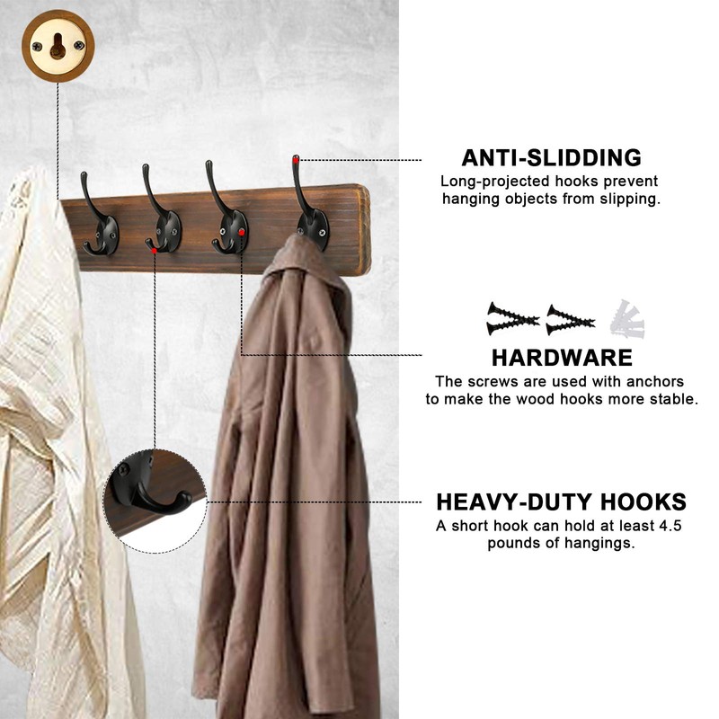 PHINGEER Rustic Wooden Coat Rack Wall Mount, Hanging Coat Rack
