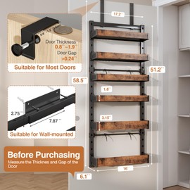 6-Tier Over The Door Pantry Organizer, Heavy-Duty Metal Wall Mount or Hanging Spice Rack, behind the door storage Shelves with Adjustable Basket, Back of Door Organizer for Kitchen Cabinet and Closet