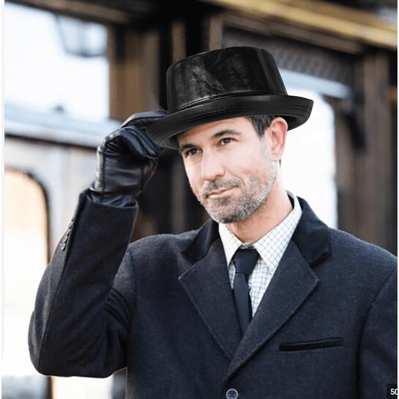 Wovanoo Fedora Porkpie Hats Jazz Gentleman Flat Hat PU Leather