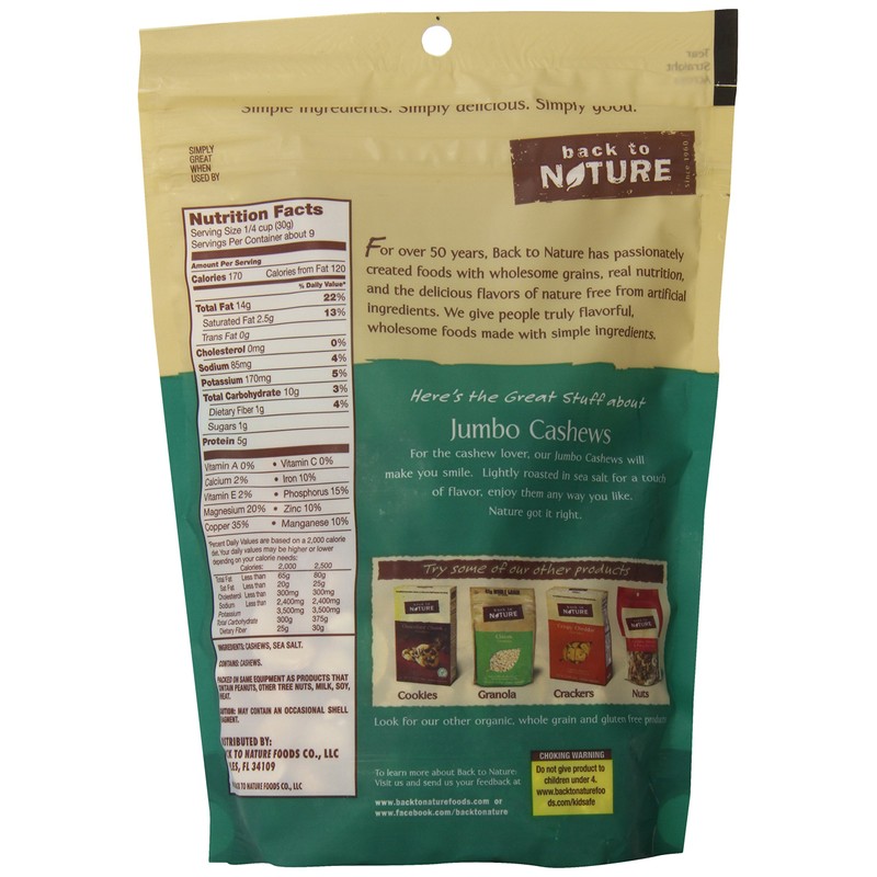 Back to Nature Nuts, Non-GMO Sea Salt Roasted Jumbo Cashews,