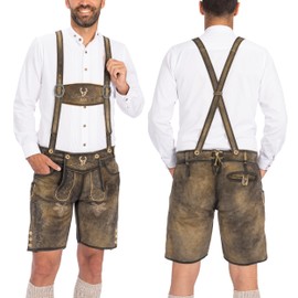 BAVARIA TRACHTEN Lederhosen Men Oktoberfest Costume - Genuine Leather, German Mens Lederhosen - Antique Waxed Brown - Short - US 34