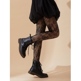 SHENHE Women's Patterned Fishnet Tights High Waist Pantyhose Floral Stockings Black One Size