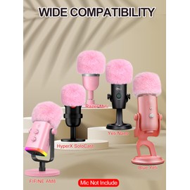 WIBOND Mic Foam Cover with Furry Windscreen Muff Windshield Compatible for Yeti, Yeti Pro, Yeti Nano, A8M, SoloCast, Razer Mini, Razer X, Razer Seiren V2 Pro and Normal ASMR USB Mics (Pink)