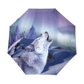 ALAZA Aurora Night Wolf Howling Travel Umbrella Auto Open Close Windproof Waterproof Folding Umbrella Compact Canopy Easy Carrying