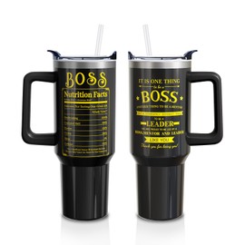 40 Oz Boss Tumbler with Handle and Lid Straw, Black Stainless Steel Travel Cups, Office Farewell Gifts for Manager, Mentor, Leader Women Men (1PC)