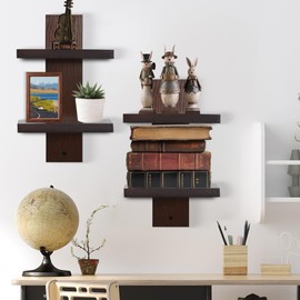 PHOENANCEE Vertical Floating Bookshelf,2 Tier Spine Shelves for Wall,Invisible Bookshelves,Book Tower Stand Organizers Mounted for Home Living Room Office Decor,Preassembled,4 Pack（Walnut）