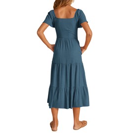 KIRUNDO Women 2025 Spring Summer Casual Short Sleeve Midi Dress Button V Neck Tiered Vacation Sundress with Pockets(Blue, X-Large)