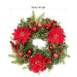 LinTimes 16 Inch Christmas Wreath for Front Door, 40cm Red Artificial Wreaths with Xmas Baubles, Xmas Flowers, Berries and Pine Cones for Fireplace Wall Window Door Christmas Outside Decoration