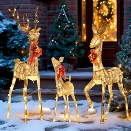 YONICA Light Up Outdoor Christmas Deer Decoration Set, 3-Piece Christmas Reindeer Family Set with 210 Warm White LED Lights for Outdoor Patio, Comes with Cables, Plugs, Gold & Red Ties