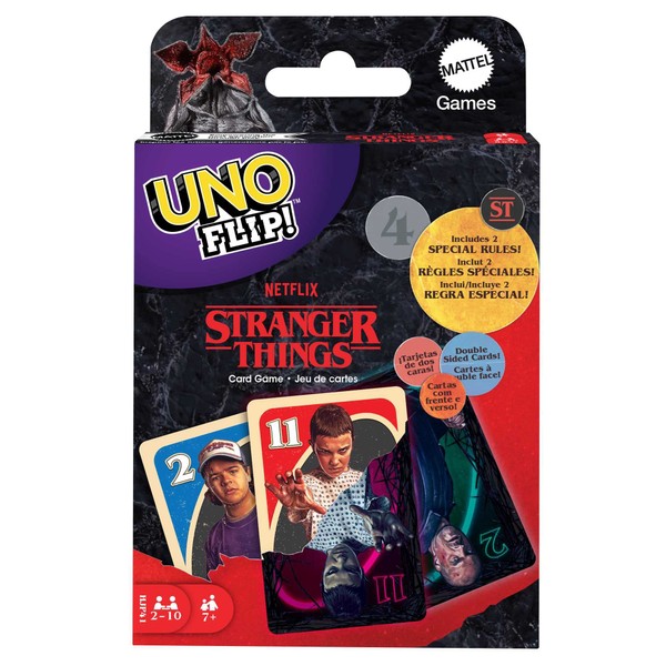 Mattel Games UNO Flip! Stranger Things Card Game for Adults & Teens with Double-Sided Cards, Real World Vs. Upside Down