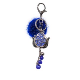 surell Bling Rose with Mink Fur Pom Keychain - Cute Unique Flower Keychains - Gifts for Flower Lovers - Rose Charm Keychain (Blue/Blue)