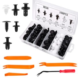 100PCS Car Fastener Clip Kit Universal Push Retainer Set with Removal Tools for Bumper Fender Auto Body Repair Black White Plastic Rivets for Most Vehicles