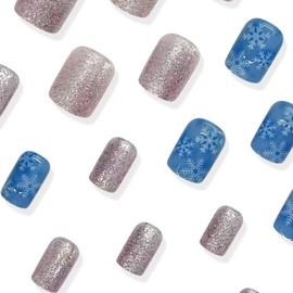 Christmas Short Square Press-on Nails - Blue With Silver Glitter Snowflake Designs - Winter Full Cover Glue-on Acrylic Nails for Women and Girls - 24 Pcs