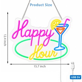 Chordwave LED Bar Sign – Happy Hour Neon Bar Sign with Dimmable Brightness – Bar LED Sign for Home Bar Decor – Cocktail Glass Shape – USB Powered Bar Neon Sign