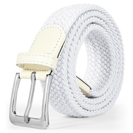 JASGOOD Braided Woven Elastic Stretch Belt for Men Women Web Casual Belt for Pants Jeans,White/Silver Buckle
