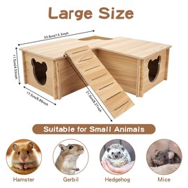 Hamster House Maze, FHDUSRYO Wood Hamster Hideout, Multi-Chamber Hamsters Hideout House with Climb Ladder, Wooden Habitats Decor Cage Accessories for Small Animals, Mice Gerbils (3 Room)