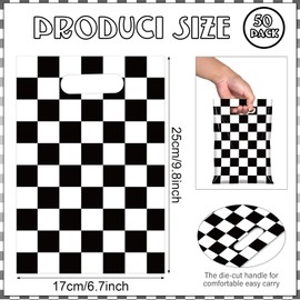 50 Pcs Black and White Checkered Race Car Party Favor Bags, Plastic Black and White Car Goodie Treat Bags, Racecar Buffalo Plaid Candy Gift Bags for Kids Fast Race Car Birthday Party Decorations