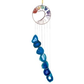 KYEYGWO Healing 7 Chakras Tree of Life Hanging Ornament, Blue Agate Slices, Hanging Handmade Gemstone Wind Chime, Stone, Dream Catcher, Crystal Hanging Decoration for Home, Office, Wedding