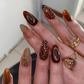 24Pcs Almond Press on Nails Medium Length Butterfly Wings Fake Nails with Ripple Designs Full Cover Brown False Nails French Line Glue on Nails Reusable Fall Acrylic Nails for Women Nail Decoration