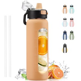 Kodrine Water Bottle With Straw and Carry Handle, Glass Water Bottle 24 oz Leak Proof Locking Lid with Soft Silicone Spout, Reusable Drinking Cups for Travel Sports with Time Marker,Amber