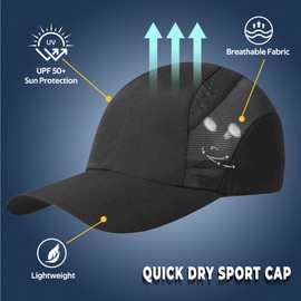 HeyCaps Running Caps for Men - Mens Sports Cap Hat Breathable Lightweight Adjustable Black