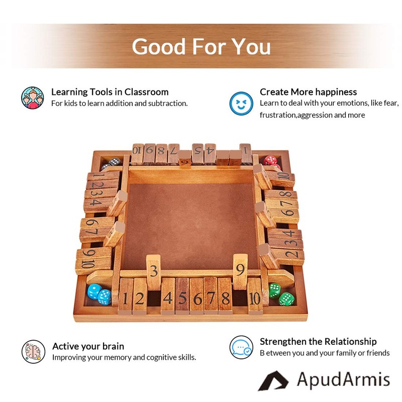 ApudArmis 4-Way Shut The Box, Large Wooden Board Game Set