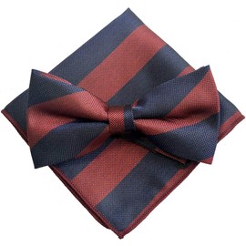 2 Color Striped Navy x Bordeaux [Bow Tie & Pocket Square] Set of 2 Ribbons, Men's, One-Touch Setup, Formal, Pattern, Casual, multicolor (Bordeaux/Navy)