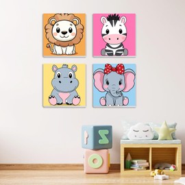 MXJSUA 4 Pack Cute Cartoon Animals Paint by Numbers Kit with Framed Canvas for Kids, Dinosaur Horse By Number Painting Kits for Ages 6-12 Kids, Acrylic Oil Paint by Number Kits for Beginners 20*20cm