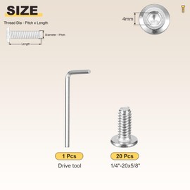 METALLIXITY Flat Head Hex Socket Cap Screws Bolts(1/4"-20x5/8) 20Pcs, with Wrench Steel Hex Socket Furniture Bolts Countersunk Screws - for Furniture Woodworking Project, Silver Tone