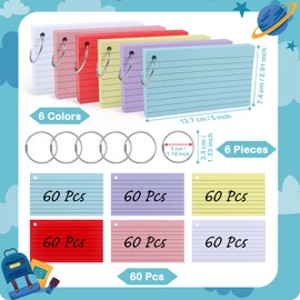 moinkerin Index Cards, 360 Pieces, 5 x 2.9 Inch Multicoloured Flashcards with 6 Binder Rings for Office, Home, School, Learning