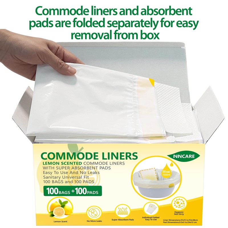 ININCARE Commode Liners with Absorbent Pads for Bedside Commode, 100