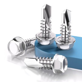 M6.3 * 25(50pcs）Stainless Hex Washer Head Self Drilling Screws, 410 Stainless Steel Full Thread Sheet Metal Tek Screws