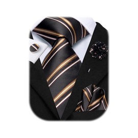 Hi-Tie Stripe Ties with Lapel Flower for Men Silk Black Brown Necktie Pocket Square Cufflinks for Tuxedo Wedding Business