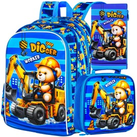 KLFVB 3PCS Boys Excavator Backpack, Water Resistant Kids Digger Bookbag with Lunch Box, 16" Preschool Backpacks for Elementary - Bear Excavator