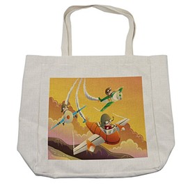 Lunarable Airplane Shopping Bag, Happy in an Airplane Race Dreams Boys Activity Happiness Clipart, Eco-Friendly Reusable Bag for Groceries Beach and More, 15.5" X 14.5", Apricot Orange Marigold