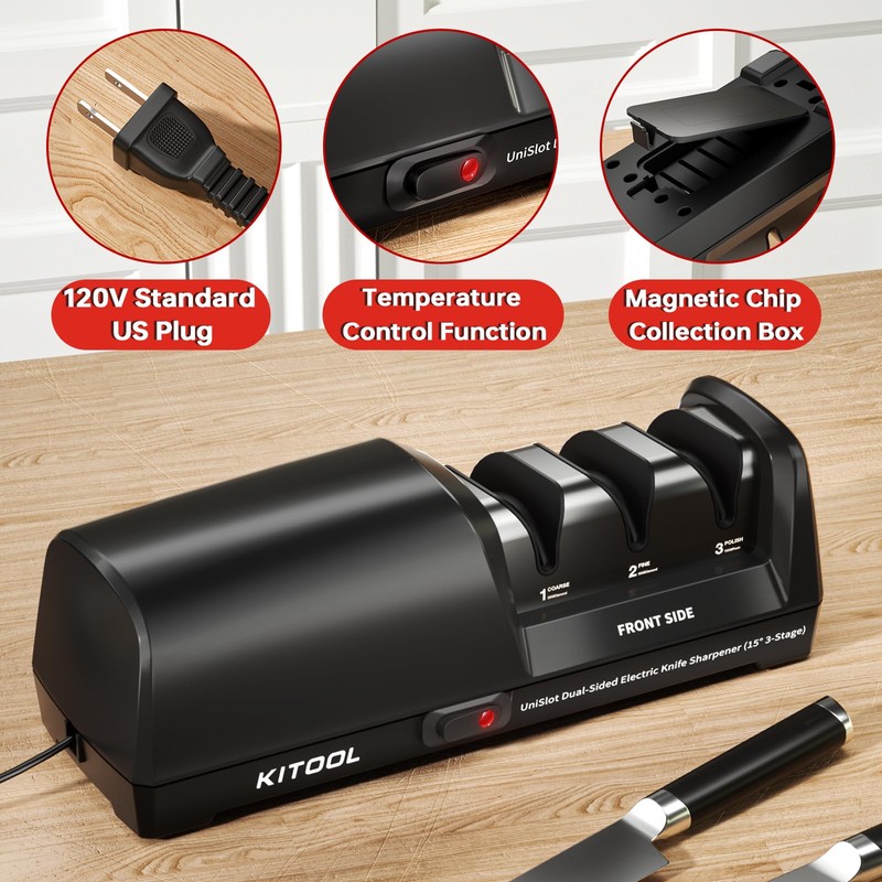 Electric Knife Sharpener, Dual-Sided 3-Stage Sharpener with Diamond Abrasives &