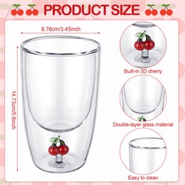 Patelai 2 Pcs Cherry Icon Juice Glass, 10 oz Double Walled Glass Cup Cherry Bottom Cute Glassware for Drink, Juice, Coffee, Cocktail, Tea, Water, Milk, Party Gifts