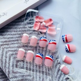 24Pcs Independence Day French Tip Press on Nails Short Square Fake Nails with USA Flag Nail Tips Design 4th of July Acrylic Glue on Nails Patriotic False Nails Full Cover Stick on Nails for Women