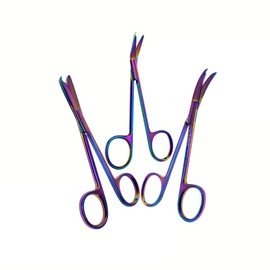 3 Pcs Suture Stitch Scissors with One Hook Shaped Tips Stainless Steel 4.5" Shears Multifunction Set Includes Straight, Angled and Curved Blades, Multicolor Titanium Color